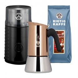 House of Barista Kaffemølle Inkl. Bialetti New Venus 4 Kop. Espressokande & 500g Super Crema