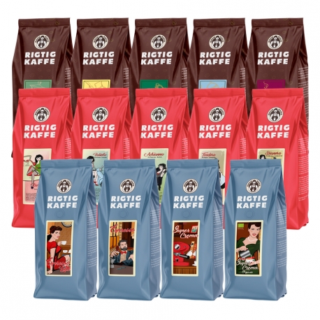 Rigtig Kaffe Mixpakke 14 stk af 500g Hele kaffebønner