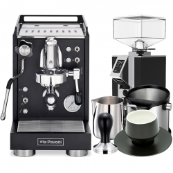 La Pavoni Mini Cellini Sort LPSMCB01EU Inkl. Eureka Mignon Turbo Espressokværn, Baristaudstyr & Latte Kop