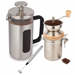 La Cafetière Pisa 8 Kop. Stempelkande Rustfrit Stål, Kaffemølle og Mælkeskummer