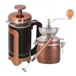 La Cafetière Roma 8 Kop. Stempelkande Kobber Inkl. Manuel Kaffemølle & Mælkeskummer