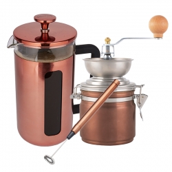 La Cafetière Pisa 8 Kop. Stempelkande Kobber Inkl. Manuel Kaffemølle & Mælkeskummer
