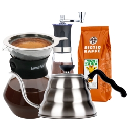 La Cafetière Pour Over 3 Kop., Hario V60 Kedel, Manuel Kaffemølle og Rigtig Kaffe Tanzania No. 2 - 400g Hele kaffebønner