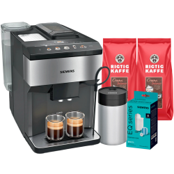 Siemens TP517R03 EQ500 Espressomaskine Inkl. Mælkebeholder, Plejepakke & 2kg Rigtig Kaffe Crema Intenso Hele kaffebønner