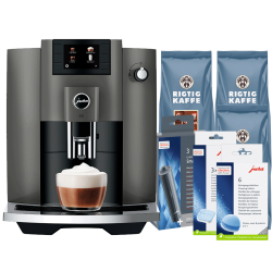 Jura E6 (EC) Dark Inox Espressomaskine Inkl. Pleje, Afkalkning & 3kg Kaffe DK sprog