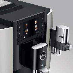Jura E8 (EC) Platin Espressomaskine Inkl. Startpakke (DK sprog), Mælkebeholder, 3kg Rigtig Kaffe & Pleje