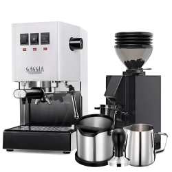 Gaggia Classic E24 Hvid Espressomaskine Inkl. Eureka Mignon Zero 55s & Baristaudstyr