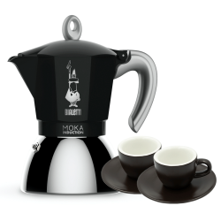 Bialetti Moka Induktion 6 Kop. Espressokande Sort Inkl. Club House Tulipano Espresso m. Underkop Mat Brun 7 cl 2 Stk