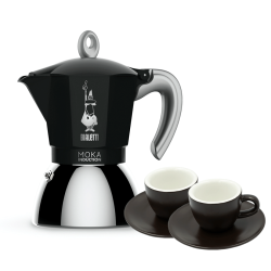 Bialetti Moka Induktion 4 Kop. Espressokande Sort Inkl. Club House Tulipano Espresso m. Underkop Mat Brun 7 cl 2 Stk
