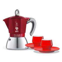 Bialetti Moka Induktion 4 Kop. Espressokande Rød Inkl. Club House Maniko Espresso m. Underkop Rød 7 cl 2 Stk