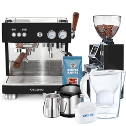 Ascaso Baby T Plus Sort Espressomaskine Inkl. Eureka Mignon Libra 65 Espressokværn, Baristaudstyr, Vandfilterkande & 1kg Kaffe