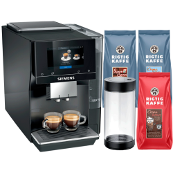 Siemens TP713R19 EQ700 Classic Piano Sort Espressomaskine Inkl. Mælkebeholder Glas & Rigtig Kaffe Mixpakke 3kg Hele kaffebønner
