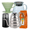 Hario Filterbryg Sæt Inkl. V60 Dripper 2 Kop. Grøn, Server 0,6 L, IKAPE Kedel 1,2 L, Kaffemølle & 400g Rigtig Kaffe