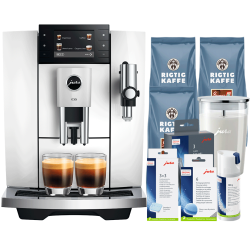 Jura E8 (ED) Piano White Espressomaskine Inkl. Startpakke (DK sprog), Pleje, Filtre, Mælkebeholder & 3kg Super Crema