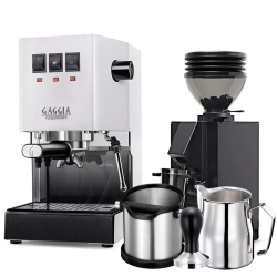 Gaggia Classic E24 Hvid Espressomaskine Inkl. Eureka Mignon Zero 55s & Baristaudstyr