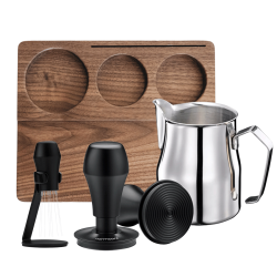 Normcore V4 Tamper med Fjeder, Riller & Titanium 58 mm Sort Inkl. WDT Tool V3 m. Holder, Tampermåtte Valnød & Mælkekande 0,5L