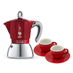 Bialetti Moka Induktion 4 Kop. Espressokande Rød Inkl. Club House Tulipano Espresso m. Underkop Mat Rød 7 cl 2 Stk