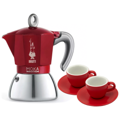 Bialetti Moka Induktion 6 Kop. Espressokande Rød Inkl. Club House Tulipano Espresso m. Underkop Mat Rød 7 cl 2 Stk