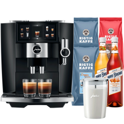 Jura J8 Twin (EA) Diamond Black Inkl. Startpakke, Mælkebeholder, 3kg Rigtig Kaffe, Hasselnød & Saltkaramel Sirup