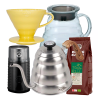 Hario Filterbryg Sæt Inkl. V60 Dripper 2 Kop. Gul, Server 0,6 L, IKAPE Kedel 1,2 L, Kaffemølle & 400g Rigtig Kaffe Organic