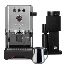 Gaggia Classic UP Stål Espressomaskine Inkl. Timemore Bricks Kværn 01S & Mælkekande 0,35L