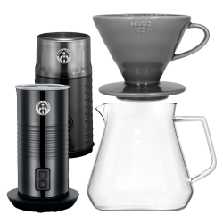 Filterbryg Sæt Inkl. Timemore Server 600ml, Hario V60-02 Dripper Grå, House of Barista Elektisk Mælkeskummer & Kaffemølle