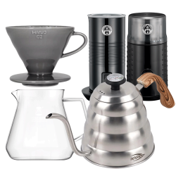 Filterbryg Sæt Inkl. Timemore Server 600ml, Hario Dripper Grå, IKAPE Kedel, House of Barista Elektisk Mælkeskummer & Kaffemølle