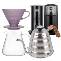 Filterbryg Sæt Inkl. Timemore Server 600ml, Hario Dripper Lilla, IKAPE Kedel, House of Barista Mælkeskummer & Kaffemølle