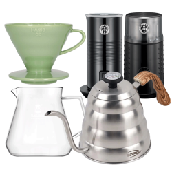 Filterbryg Sæt Inkl. Timemore Server, Hario Dripper Smokey Grøn, IKAPE Kedel, House of Barista Mælkeskummer & Kaffemølle
