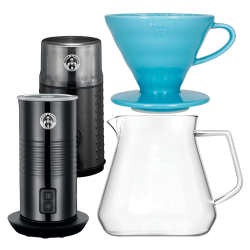 Filterbryg Sæt Inkl. Timemore Server 600ml, Hario Dripper Lyseblå, House of Barista Elektisk Mælkeskummer & Kaffemølle