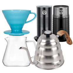 Filterbryg Sæt Inkl. Timemore Server, Hario Dripper Lyseblå, IKAPE Kedel, House of Barista Mælkeskummer & Kaffemølle