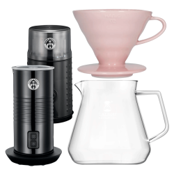 Filterbryg Sæt Inkl. Timemore Server 600ml, Hario Dripper Pink, House of Barista Elektisk Mælkeskummer & Kaffemølle