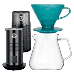Filterbryg Sæt Inkl. Timemore Server 600ml, Hario Dripper Turkis, House of Barista Elektisk Mælkeskummer & Kaffemølle