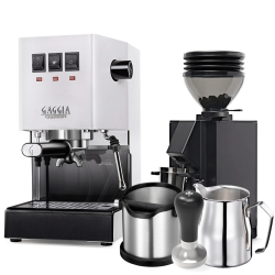 Gaggia Classic E24 Hvid Espressomaskine Inkl. Eureka Mignon Zero 55s & Baristaudstyr