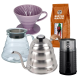 Hario Filterbryg Sæt Inkl. V60 Dripper 2 Kop. Lilla, Server 0,6 L, IKAPE Kedel 1,2 L, Kaffemølle & 400g Rigtig Kaffe