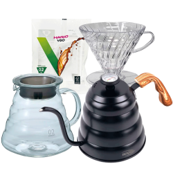 IKAPE Pour Over Kedel med Termometer 1,2 L Sort Inkl. Hario V60 Range Server 60 cl, V60-02 Glas Dripper Sort 2 Kop. & Filtre