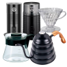IKAPE Pour Over Kedel med Termometer 1,2 L Sort Inkl. Hario 2 Kop. Dripper, Server 0,45 L, Kaffemølle & Mælkeskummer